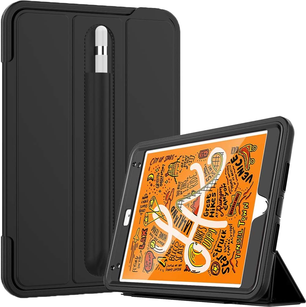 Cantis iPad Mini 5 Case,iPad Mini 4 Case,[Pencil Holder] Slim Heavy Duty Shockproof Rugged Case High Impact Full Body Protective Case with Auto Wake/Sleep for iPad Mini 5th Generation 2019,Black