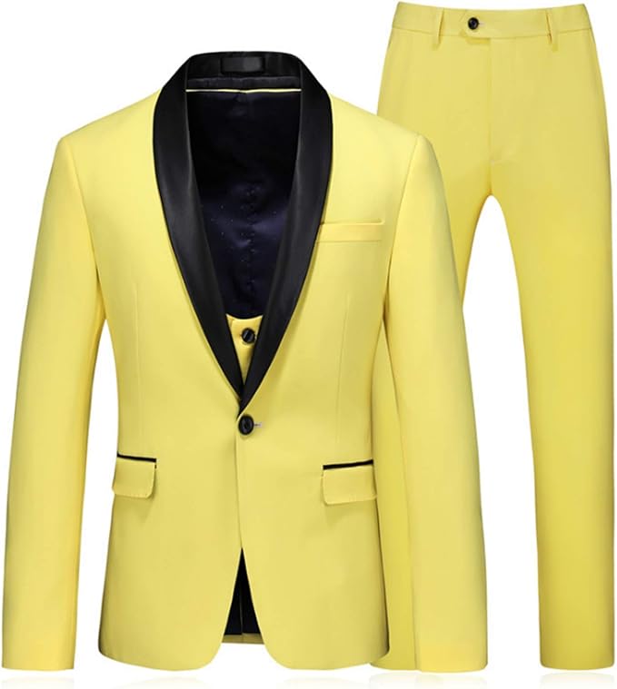 Men's Yellow Suits Casual Blazer 3 Pieces Set Formal Jackets + Vest + Pants Wedding Party Slim