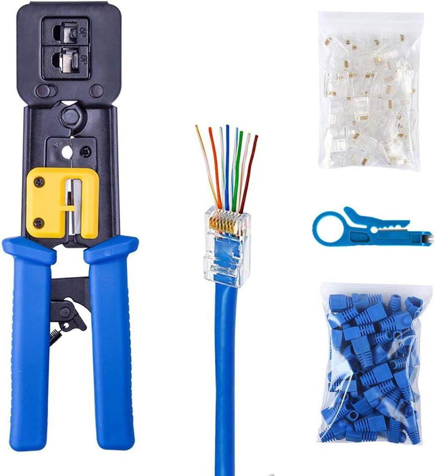EZ RJ45 Crimp Tool Kit Cat5 Cat5e Cat6 Pass Through Crimping, Ethernet Crimper Network Tool for Passthrough and Legacy Connector with Many Practical Connectors and Covers