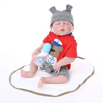Walmeck-1 Walmeck Doll Full Silicone Reborn Doll Eyes Closed Sleeping Dolls with Rooted Hair Clothes Newborn Doll Boneca 22Inch 55Cm Lifelike Toy Stripe