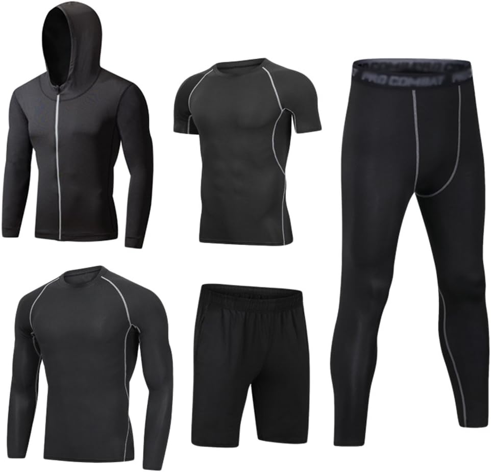 Dooxi Mens 5pcs Sports Gym Fitness Clothing Set Hoodies Jackets+Long Sleeve+Short Sleeve Base Layers T Shirts+Loose Fitting Shorts+Compression Pants for Workout Training Running Tracksuits