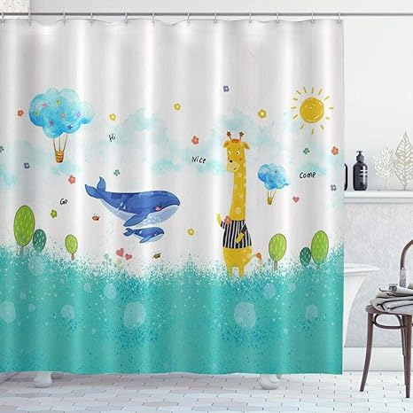 Amazon Kapanou 防水 シャワーカーテン 漫画の背景熱気球リトルキリン かわいいシャワーカーテン ユニットバス バスルーム 芸術の装飾 180cmx180cm バスフック付き 取り付け簡単 シャワーカーテン ホーム キッチン オンライン通販