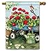 BreezeArt Geraniums by the Dozen 28" X 40" House Flag - Floral, Birds, Watering Can, Blue Painted Wagon