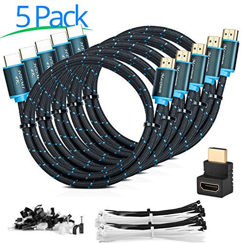 Maximm High-Speed HDMI 2.0 4K Nylon Braided Cable, 4 Feet, 5-Pack (Includes Cable Clips, Ties and Right Angle Adapter)