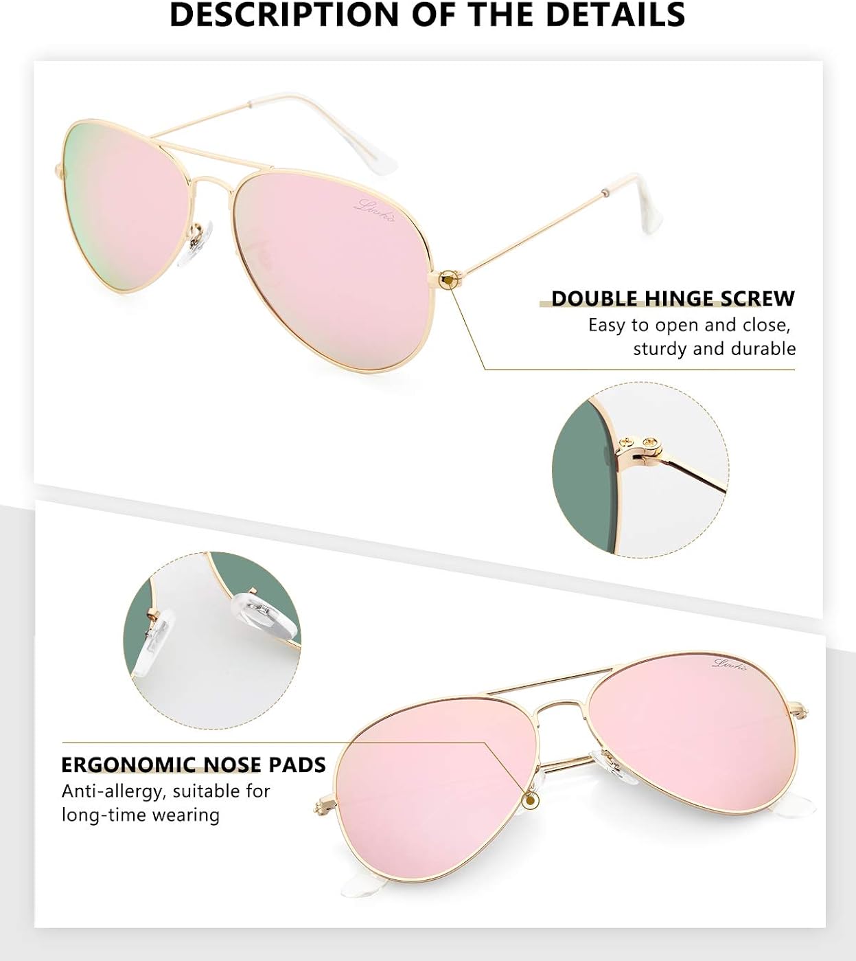livho Classic Polarized Aviator Sunglasses UV Mirrored Lens Metal Retro Shades for Women Men (Pink Mirrored Lens/Gold Frame(Rose Gold), 58): Clothing