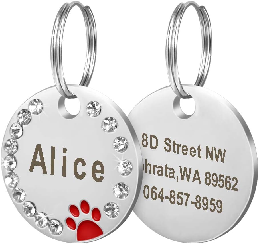 Didog Stainless Steel Custom Engraved Pet ID Tags,Round Crystal Rhinestones Tags with Pretty Paw Print,Double-Side Laser Engraving Tags Fit Small Medium Large Dogs and Kittens,Red