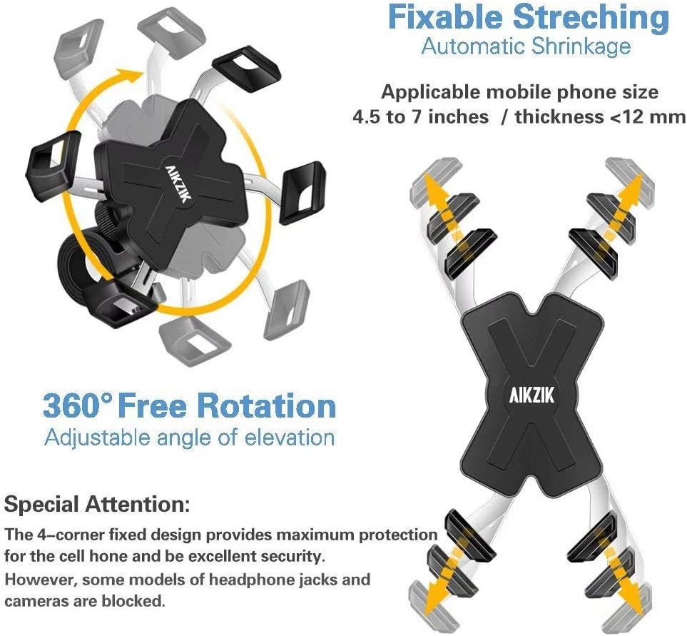 Aikzik Bike Phone Mount for Motorcycle, Stainless Steel Clamp Arms Bicycle Phone Holder Fits Phone Xs Max XR X 8 7 6 Plus, Samsung S10 9 8, Galaxy S9 8 7, Google Pixel, GPS Other Devices from 4" to 7": Electronics