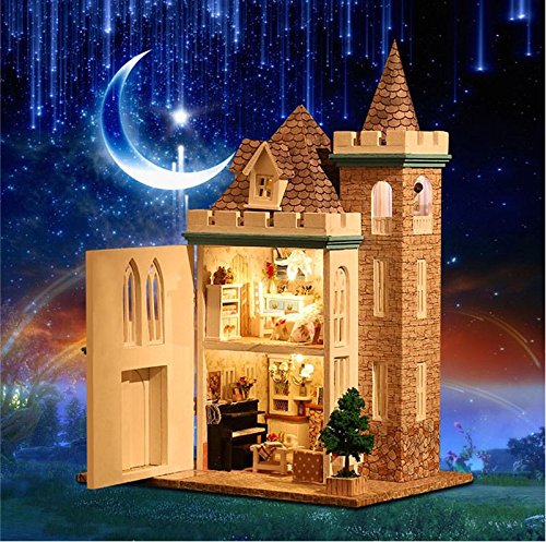 MD Group Doll House Moonlight Castle DIY Wooden LED Light Assembled Miniature Kit Gift