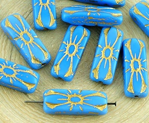 6pcs Opaque Light Blue Sapphire Gold Patina Wash Flat Carved Long Rectangle Flower Floral Bow Tie Spider Czech Glass Beads 20mm x 8mm