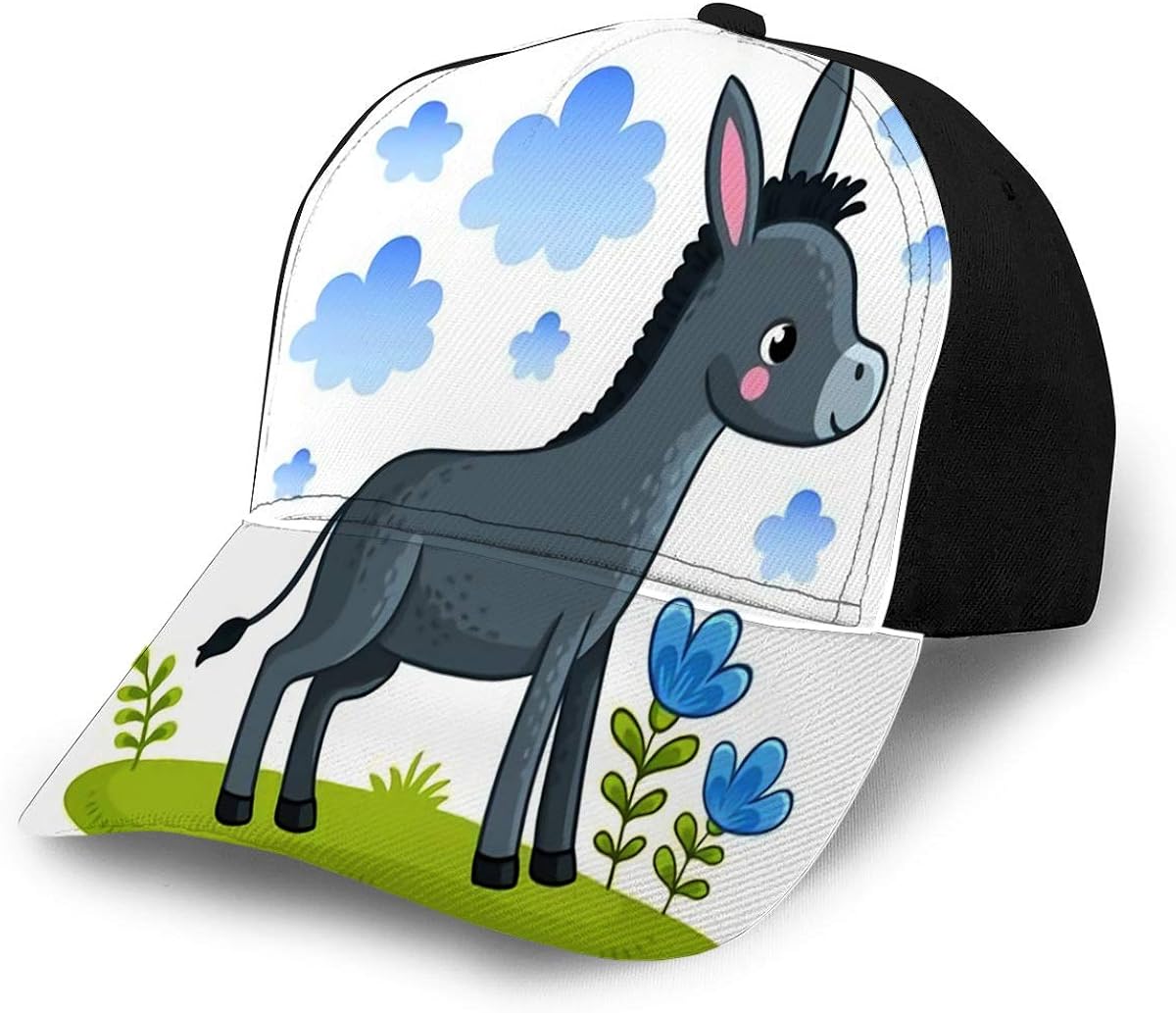 Baseball Cap Hats Snapback Cute Donkey is Standing in Clearing with