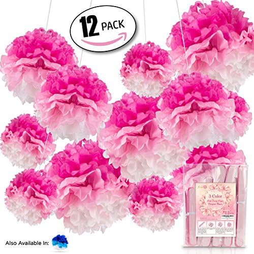 12pcs 3 Color Tissue Paper Pompom For Your Special Wedding Baby Shower Or Birthday Party Decoration (Pink)