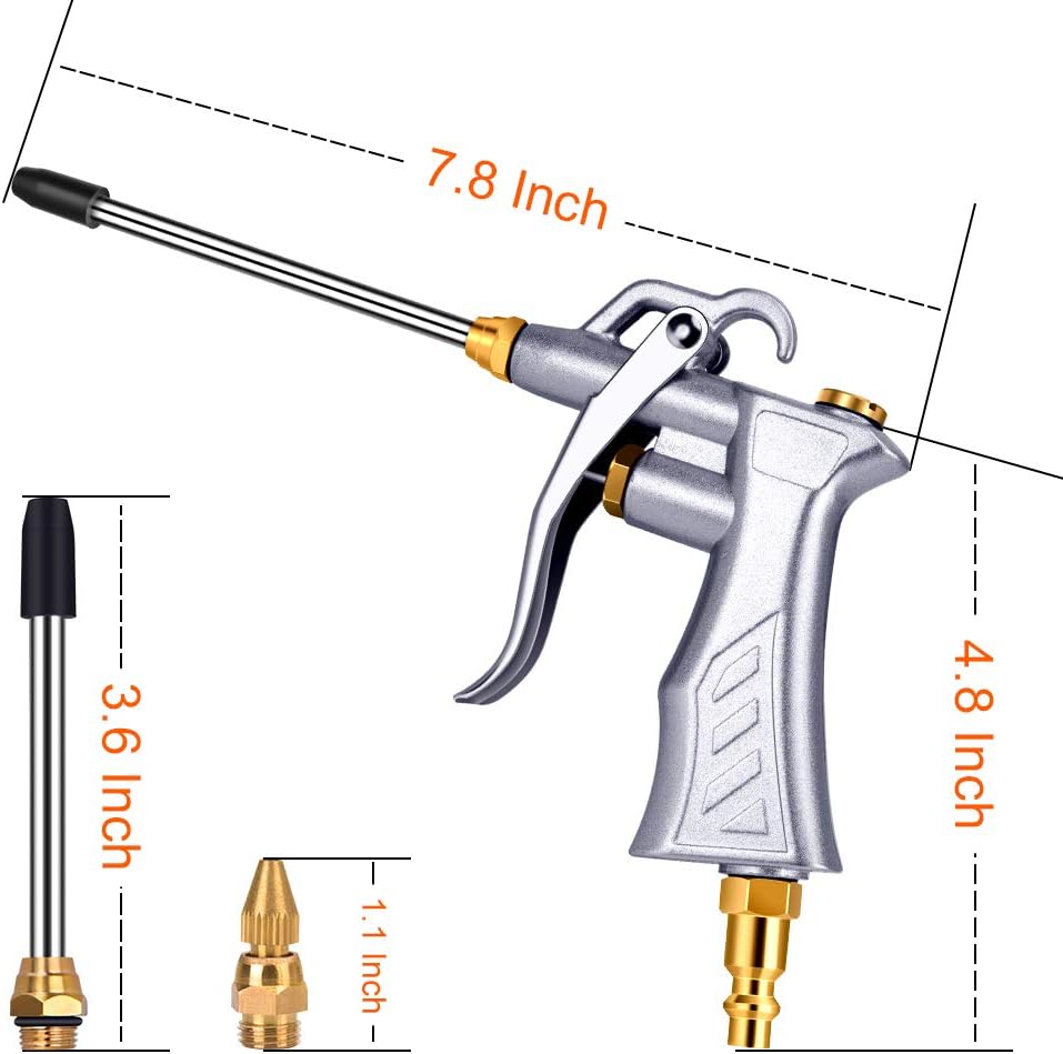 Professional Air Blow Gun with Copper Adjustable Air Flow Nozzle and 2 Steel Air flow Extension, Pneumatic Air Compressor Accessory Tool Dust Cleaning Air Blower Nozzle Gun - - 