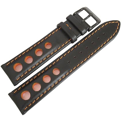 EULIT 20mm German Black Orange GT Racing Rally PVD Buckle Leather Watch Strap