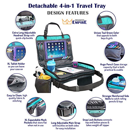 ORGANIZED EMPIRE’s Detachable 4 in 1 Kids Travel Tray, Storage Organizer, Carry Bag & Tablet Holder for Kids all in one. Most Stable Toddler Car Seat Tray toys on the Market, no Lap Balancing Required