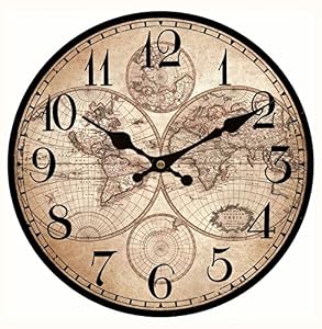 Image of Upuptop World Decorative Large Size Wooden Wall Clock Old Aged Map Home Wall Decor Arabic Numerals Design for Travel Enthusiasm 16"
