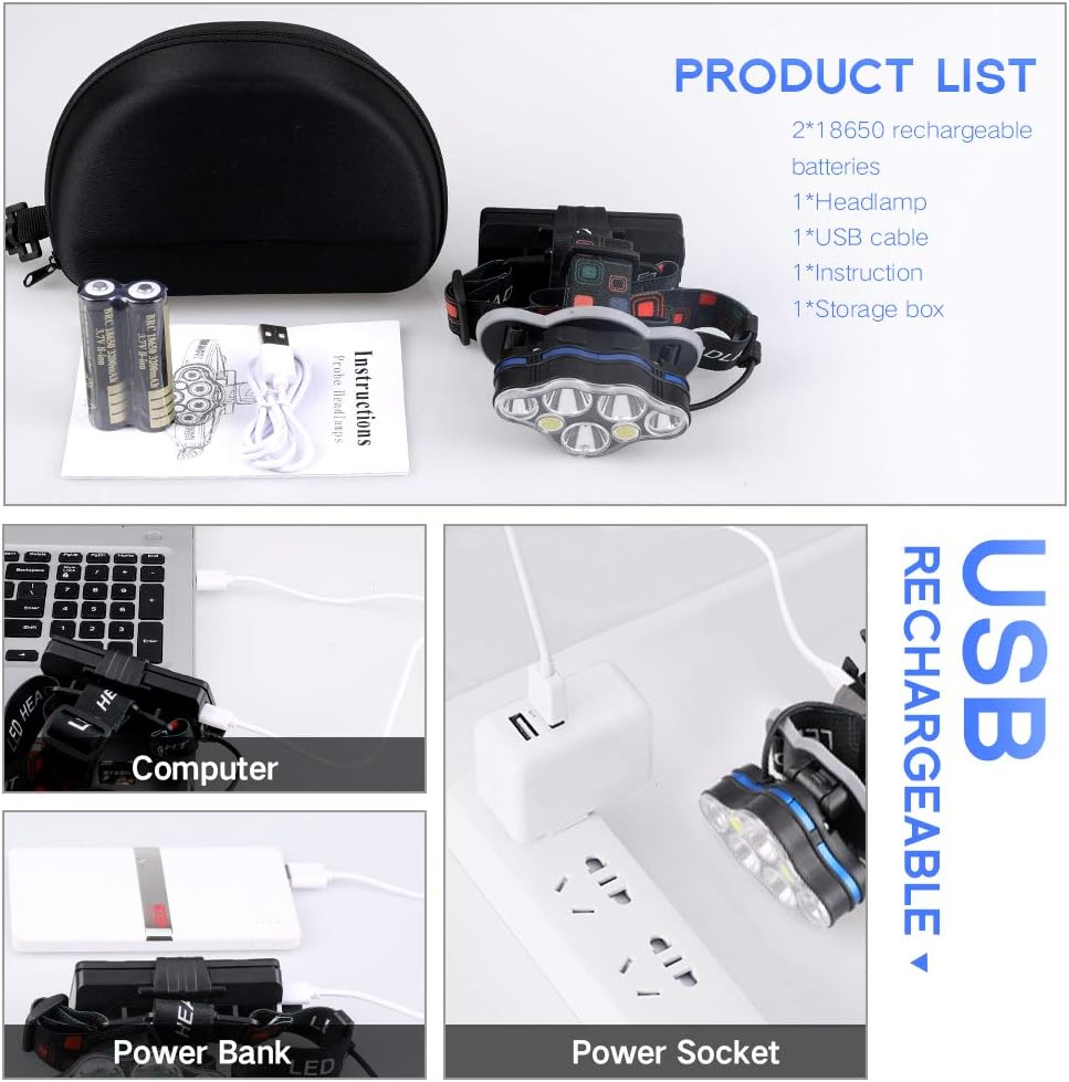 Headlamp Flashlight, 12000 Lumens Brightest 7 LED USB Rechargeable Headlight with White Red Light, 8 Modes Waterproof Head Lamp for Outdoor Camping Cycling Running Fishing - - 