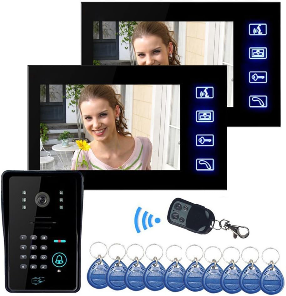 Amocam 7 Inch Wired Video Intercom Door Phone 2PCS Touch Key Monitor Kit IR Camera Door Bell Support 10PCS RFID Key fobs and Password and Remote Control Unlock Doorphone System