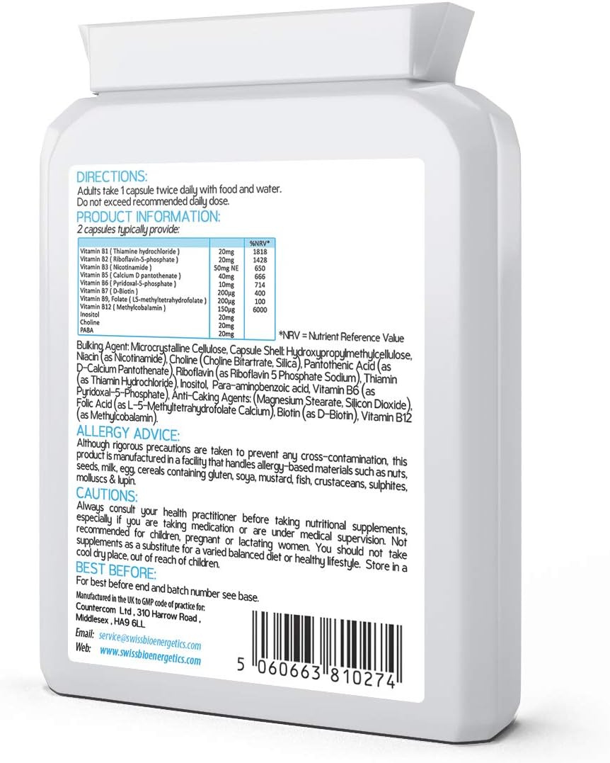 Vitamin B Complex Plus, 90 Capsules, Superior Methylated Formula with Added Choline, PABA & Inositol - Image 3
