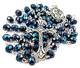 Sapphire Blue Crystal Beads Rosary Necklace Holy Soil & Metal Crucifix New