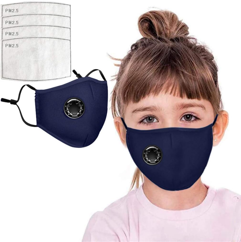 1 pc Face Bandanas with 4 Air Filter Cotton Sheet Washable Reusable Face Health with Adjustable Straps for child(1pc+4PCFilter, Navy)