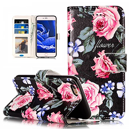 JanCalm iPhone 6/6s Wallet Case [Kickstand Feature] [Card Slots/Side Pocket] [Wrist strap] PU Leather Wallet Magnetic Flip Cell Phone Case Cover for iPhone 6/6S + Crystal pen (Black/Flower)