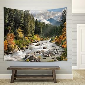 Beautiful Colorful Landscape with a Stream and Forest in Autumn Colors - Fabric Wall Tapestry Home Decor - 51x60 inches