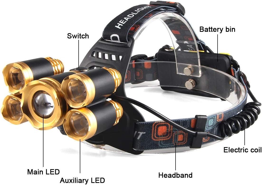 Head torch T6 Headlight Glare Outdoor 5led Headset USB Charging