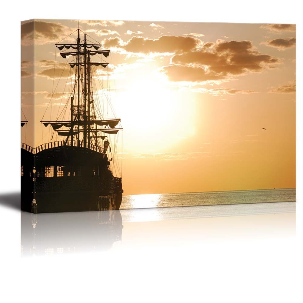 Canvas Prints Wall Art - Pirates Ship at Sea in Horizontal Orientation at Sunset | Modern Wall Decor