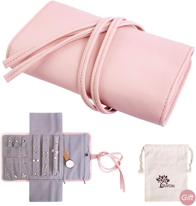 SUVOM Travel Jewelry Roll Bag Travel Jewel Bag case for Journey-Rings, Necklaces, Bracelets, Earrings Brooches and More, Lightweight, Portable and Easy to Carry (Pink)