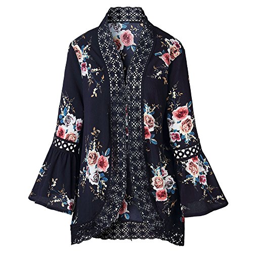 Farmerl Women Lace Floral Cape Casual Coat Loose Blouse Kimono Jacket Cardigan Navy