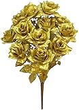 Admired By Nature GPB293G-GOLD 12 Stems Artificial Satin Rose Flowers Bush, Gold