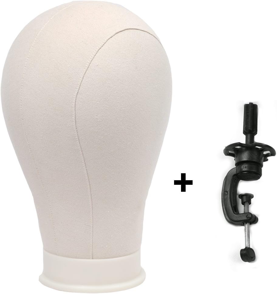 Canvas Cork Block Head For Wig Display, Making And Styling, Professional Mannequin Head with Mount Hole 21-25’’ And Table Clamp Stand (23"+clamp)