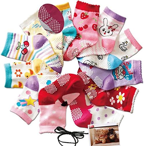 Yaobaby Baby 12 Pairs Warm Cotton Toddlers Non-skid Cozy Shoe Socks Anti-slip Newborn Socks Crew Walkers 1 to 3 Years Old + one hair rope + 1pc gift card (multicolored)