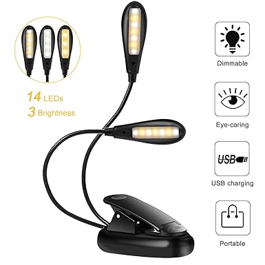LED Leselampe Buch, Klemmleuchte Buchlampe USB Wiederaufladbare mit 14 LED, Doppelkopf, 3 Helligkeit, 3 Farbtemperaturen, 360