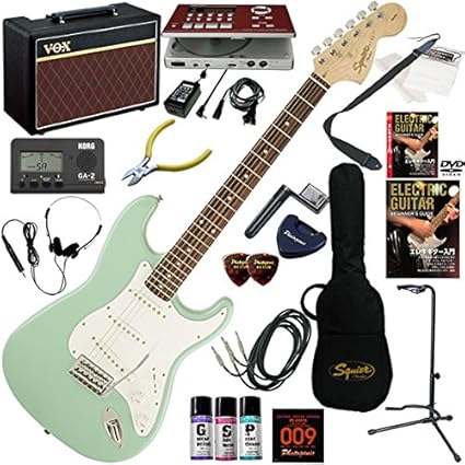 Amazon Squier エレキギター 初心者 入門 ジャンルを選ばないクラシカルなストラトスペックを継承 ギターの練習が楽しくなるcdトレーナー エフェクターも内蔵 と人気のギターアンプvox Pathfinder10が入った強力21点セット Affinity Stratocaster Sfg サーフ