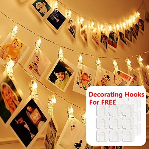 Photos Clips String Lights for Bedroom&amp;Decorating Hooks Combo, 10ft 20 LED Warm White Battery Operated Fairy String Lights for Bedroom Hanging Photos, Card Artworks, Décor, Indoor, Wedding Party