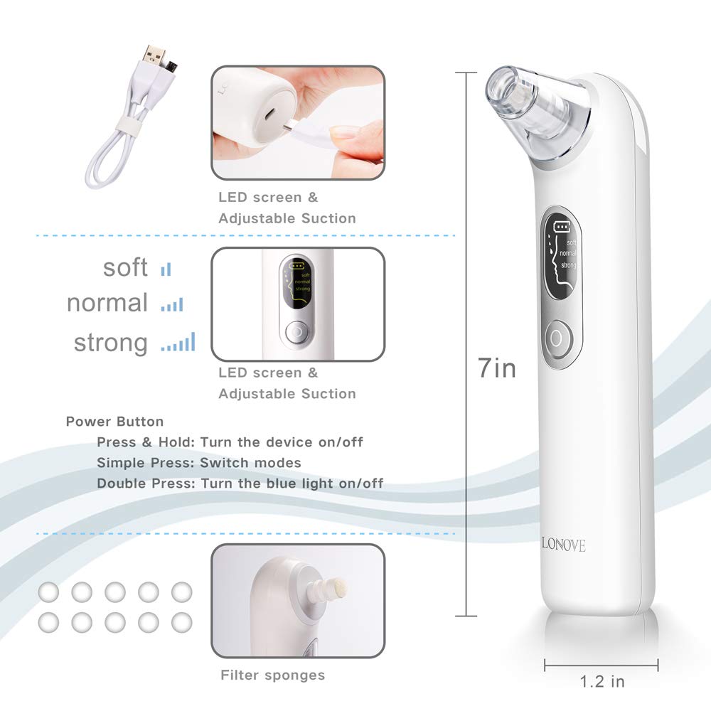 Blackhead Remover Pore Vacuum Extractor - LONOVE Upgraded Blue Light Blackhead Vacuum Pore Cleaner Electric Comedone Acne Extractor Kit Whitehead Black Head Removal Tool,LED Screen and 4 Porbes: Beauty
