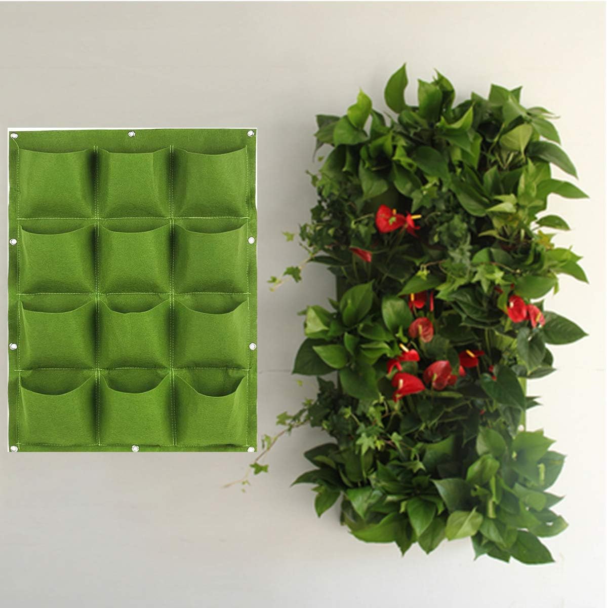 NNEWSP 12 Pockets Green Waterproof Hanging Vertical Garden Wall Planter Plant Grow Bag for Yard Garden Home Balcony Office Decoration