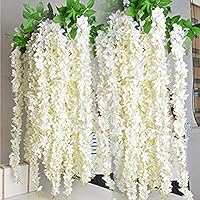 Miyaya 24 Pieces Realistic Artificial Silk Wisteria Vine Ratta Silk Hanging Flower Plant for Home Party, Wedding Decor and Other Various Events - Each White