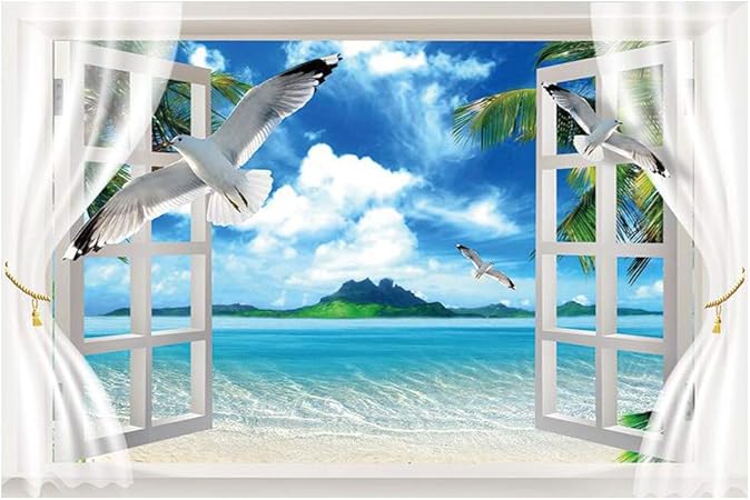 Faux 3d Vue De La Fenetre Sticker Mural Plage Style 16 Bord De Mer Mouette Pvc