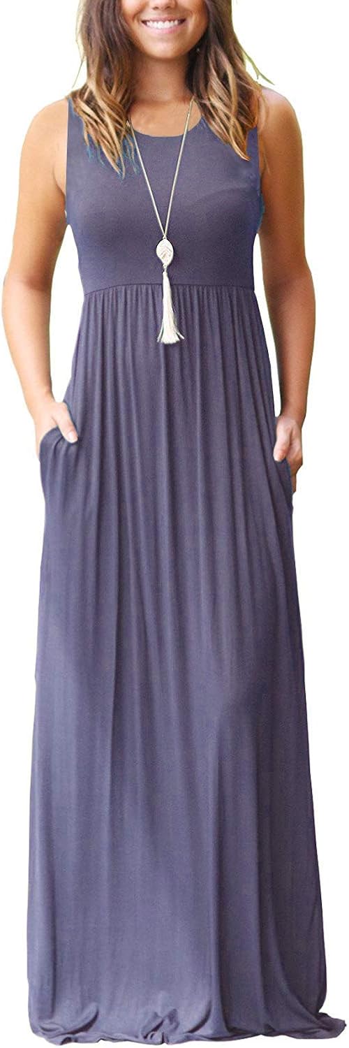 AUSELILY Women's Summer Sleeveless Loose Plain Maxi Dress Casual Long Dress with Pockets at  Women’s Clothing store