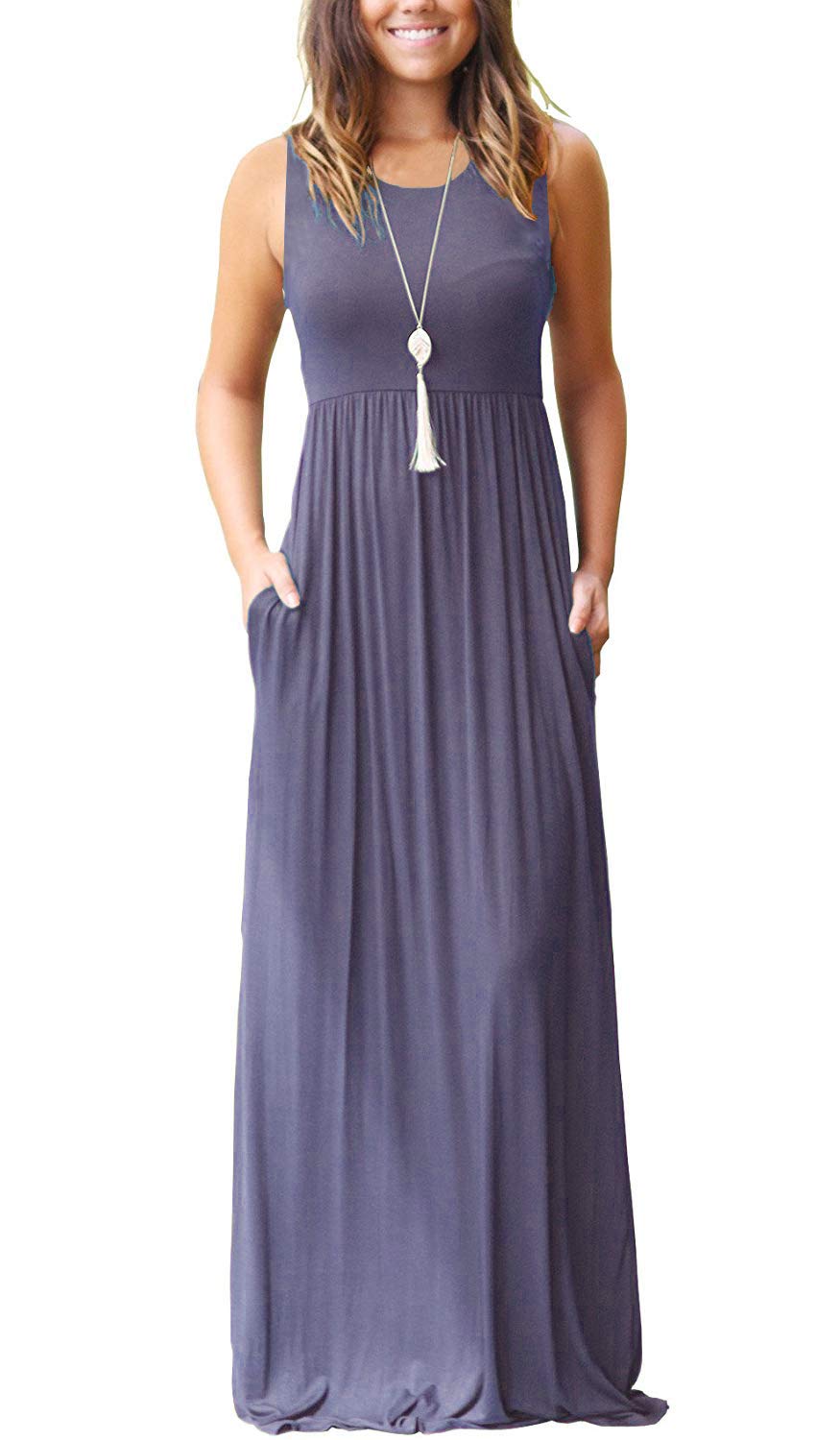Women's Summer Sleeveless Loose Plain Maxi Dress Casual Long Dress with Pockets
