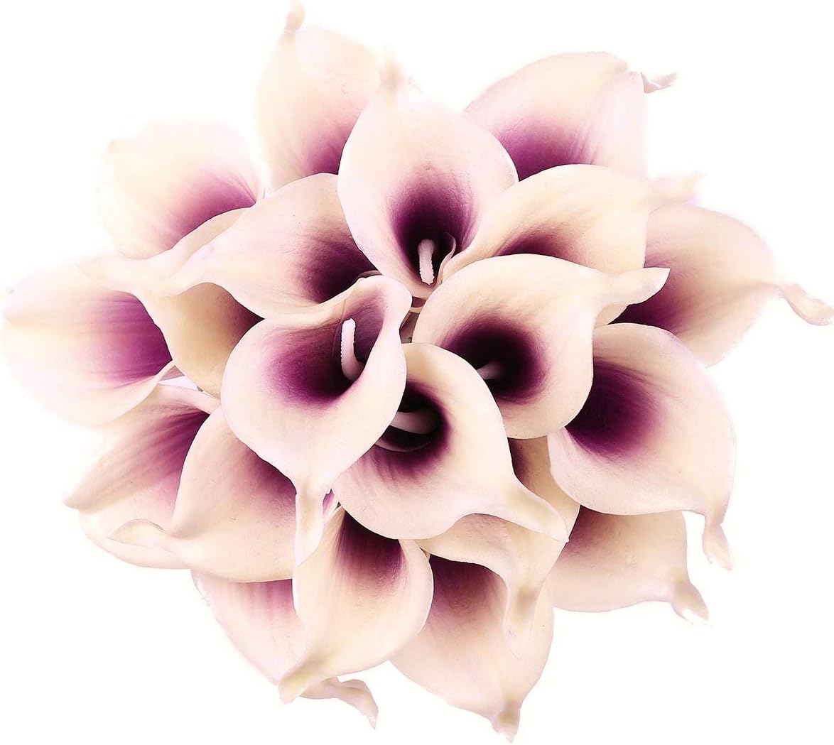 20 PCS Real Touch Calla Lily Flowers for Artificial Floral Arrangements, Bridal Bouquets, and Home Decor (Mauve Purple/White)