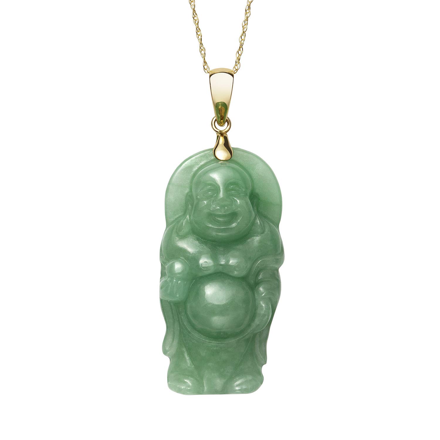 14k Yellow Gold Natural Green Jade Buddha Pendant Chain Necklace,18