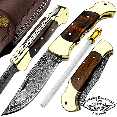 Rose Wood 7.5" Hand Made damascus Steel Folding Pocket Knife Brass Double Bloster Back Lock 100% Prime Quality