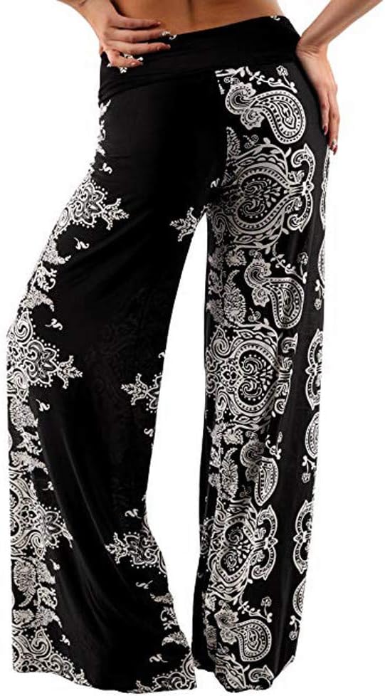 TodaiesWomens Wide Leg Lounge Pants,Comfy Stretch Floral Print Drawstring Palazzo Pants (Black 8, L)