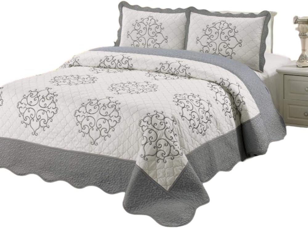 sazana Quilt Queen Size 3 pc Bedding Bed Set/Bedspread/Embroidered / 2 Pillow Sham (Silver)