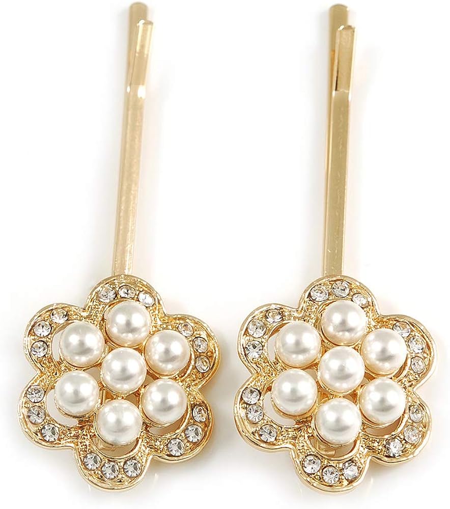 2 Bridal/Prom Clear Crystal, Pearl Flower Hair Grips/Slides In Gold Plating - 60mm Across, white / ivory, gold