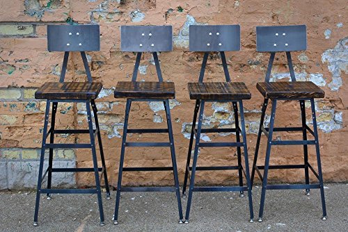 Set of Four Reclaimed Wood Stools | Salvaged Barn Wood | Steel Backrest | FREE SHIPPING - Thumbnail 7