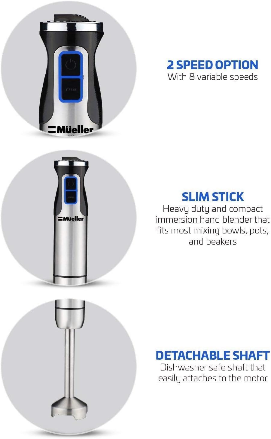 Mueller Austria Ultra-Stick 500 Watt 9-Speed Immersion Multi-Purpose Hand Blender Heavy Duty Copper Motor Brushed 304 Stainless Steel With Whisk, Milk Frother Attachments: Kitchen & Dining